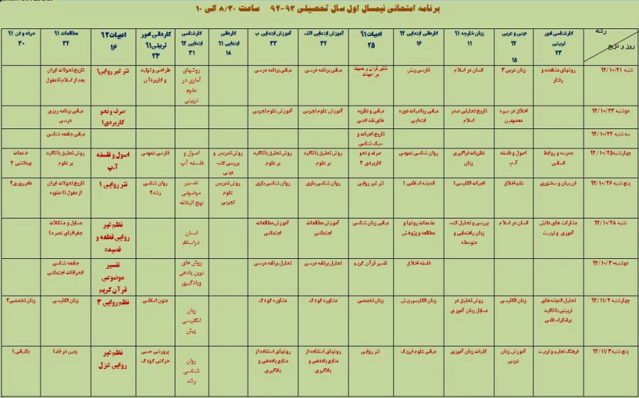 برنامه امتحانی نیمسال اول 93-92 کارشناسی ناپیوسته ساعت اول