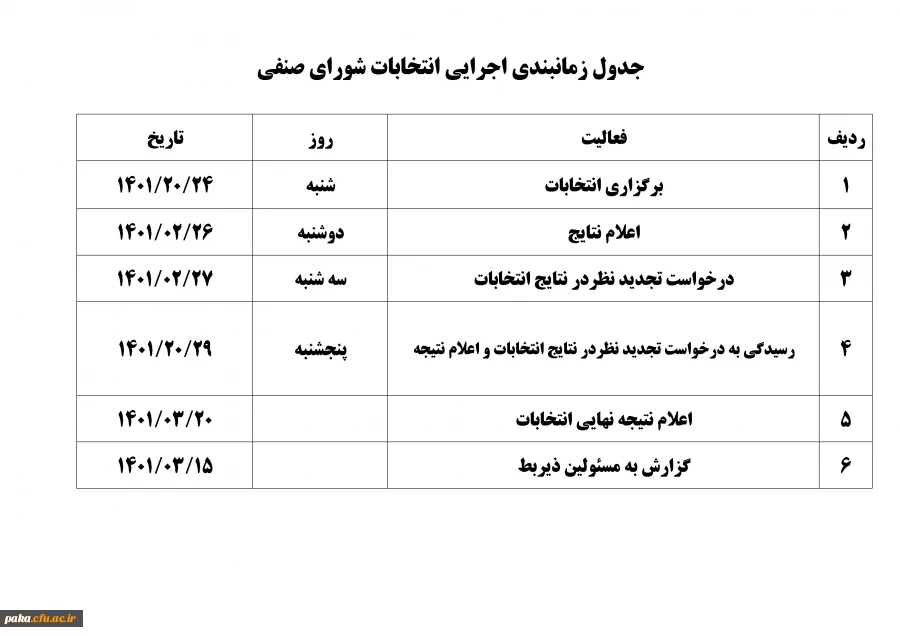 جدول زمانبندی اجرایی انتخابات شورای صنفی 2